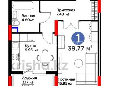 1-бөлмелі пәтер · 39.77 м² · 2/12 қабат, Бухар Жырау 33, бағасы: 28 млн ₸ в Астане, Есильский р-н