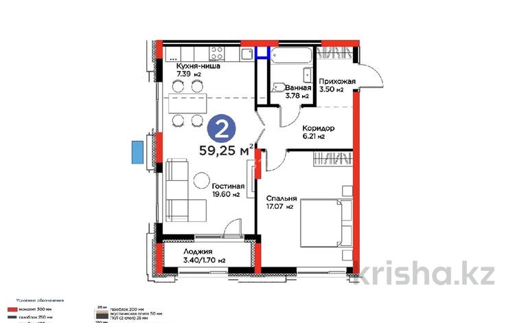 2-бөлмелі пәтер · 60 м² · 7/20 қабат, Кайым Мухамедханов 6/1, бағасы: 55.5 млн ₸ в Астане, Нура р-н — фото 2