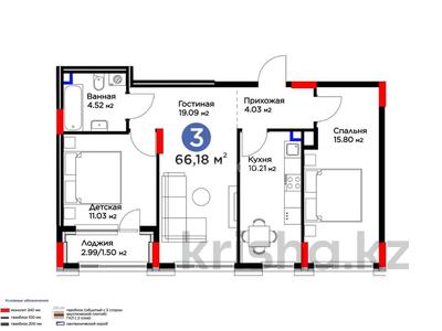 3-комнатная квартира · 66.18 м² · 1/12 этаж, Е 915 17 за ~ 45.2 млн ₸ в Астане, Есильский р-н