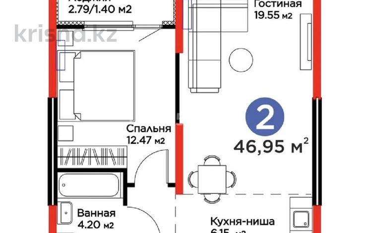 2-бөлмелі пәтер · 46.95 м² · 12/12 қабат, Ақжар ш/а., Зиманов 5А, бағасы: ~ 39 млн ₸ в Алматы, Наурызбайский р-н — фото 2