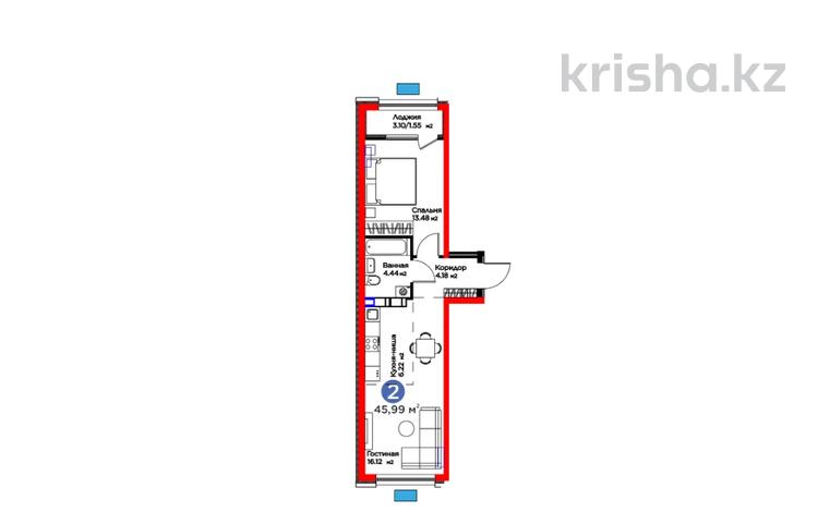 2-бөлмелі пәтер · 46 м² · 5/9 қабат, Ботакоз 2/1, бағасы: 31 млн ₸ в Алматы, Алатауский р-н — фото 2