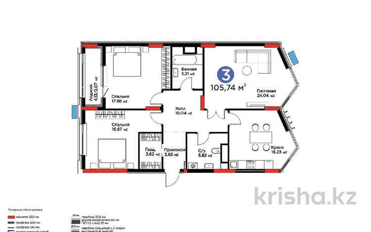 3-комнатная квартира · 105.74 м² · 9/9 этаж, Турар Рыскулов 18 Б за 87 млн ₸ в Астане, Есильский р-н — фото 2
