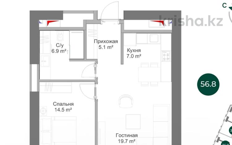 2-бөлмелі пәтер · 57 м² · 10/16 қабат, Райымбека 1 — Суюнбая, бағасы: 43 млн ₸ в Алматы, Жетысуский р-н — фото 2