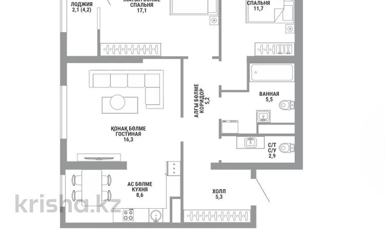 3-комнатная квартира · 74.7 м² · 5/15 этаж, Райымбека за ~ 52.7 млн ₸ в Алматы, Алмалинский р-н — фото 2