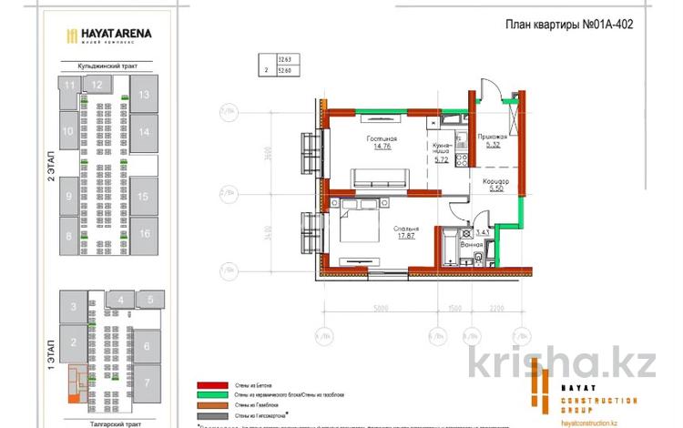 2-бөлмелі пәтер · 52.7 м² · 4/9 қабат, Халиуллина 132 блок 1, бағасы: 43.5 млн ₸ в Алматы, Медеуский р-н — фото 2