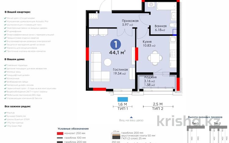 1-бөлмелі пәтер, 44.1 м², 10/12 қабат, Е-899 1, бағасы: 27.5 млн 〒 в Астане, Нура р-н — фото 2