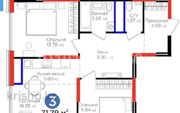 3-комнатная квартира · 74 м² · 3 этаж, мкр Нурсат 2, Байтерекова 12 за 52 млн ₸ в Шымкенте, Каратауский р-н — фото 2