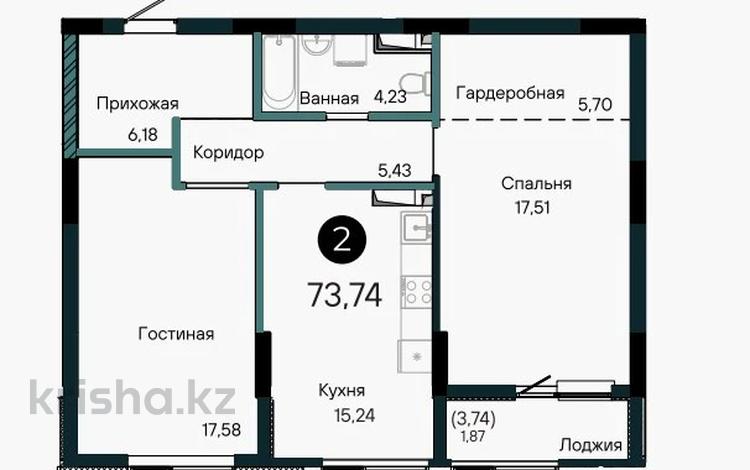 2-бөлмелі пәтер · 73.74 м² · 5/9 қабат, Турар Рыскулов 6Б, бағасы: ~ 51.1 млн ₸ в Астане, Есильский р-н — фото 2