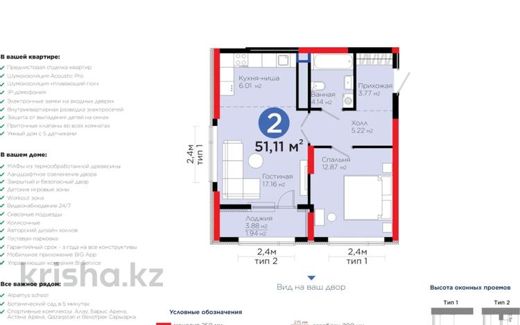 2-комнатная квартира · 51.17 м² · 19/21 этаж, Бухар жырау 20а за 42 млн 〒 в Астане, Нура р-н — фото 2