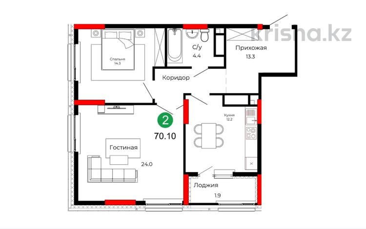 2-бөлмелі пәтер · 70.1 м² · 20/22 қабат, Сыганак, бағасы: ~ 37.5 млн ₸ в Астане, Нура р-н — фото 2