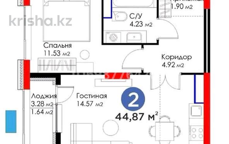 2-комнатная квартира · 44.87 м² · 12/17 этаж, Аль-Фараби 11/1, 11/3 за 24.5 млн 〒 в Астане, Есильский р-н — фото 2