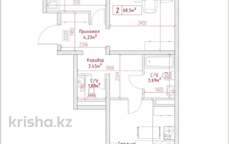 2-бөлмелі пәтер, 68.5 м², 3/9 қабат, мкр Кайрат, ​24-я улица 1/1а, бағасы: 29 млн 〒 в Алматы, Турксибский р-н — фото 2