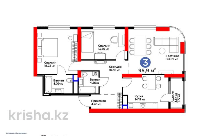 3-комнатная квартира, 95.9 м², 3/25 этаж, Ул.Н.Торекулов за ~ 82.7 млн 〒 в Шымкенте, Аль-Фарабийский р-н — фото 2