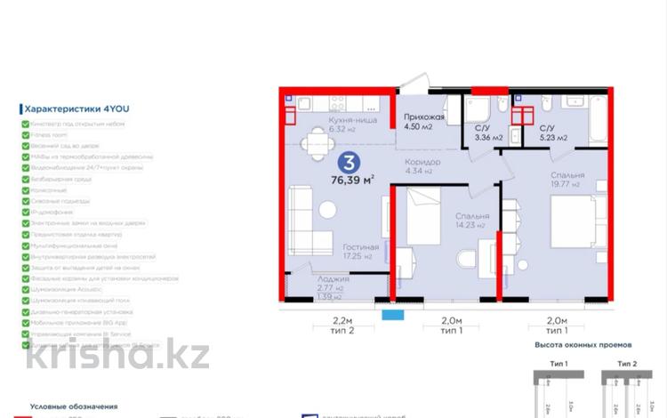 3-комнатная квартира, 76.39 м², 3 этаж, Вдоль улицы Рыскулова 32 за ~ 44.2 млн 〒 в Шымкенте, Енбекшинский р-н — фото 2