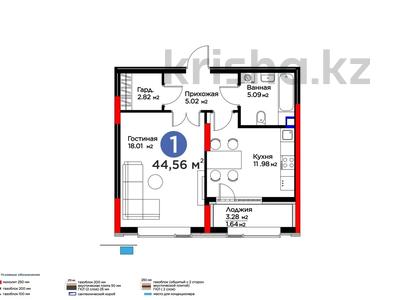 1-бөлмелі пәтер · 45 м² · 2/20 қабат, ул. Кайыма Мухамедханова 6/1, бағасы: 42.5 млн ₸ в Астане, Есильский р-н