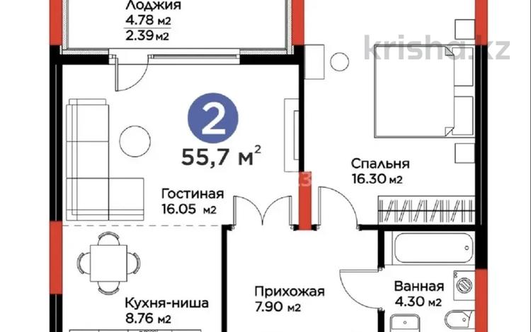 2-бөлмелі пәтер · 56 м² · 2/16 қабат, Динмухамед Конаев, бағасы: 60.5 млн ₸ в Астане, Есильский р-н — фото 8