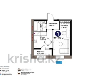 1-комнатная квартира · 33 м² · 6/9 этаж, Шоссе Коргалжын за 25 млн ₸ в Астане, Нура р-н
