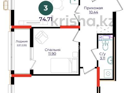3-бөлмелі пәтер · 74.71 м² · 7/17 қабат, Е 882 13, бағасы: 38 млн ₸ в Астане, Нура р-н
