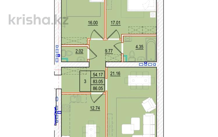 3-бөлмелі пәтер, 86.09 м², 2/9 қабат, Набережная 24 — Шухова, бағасы: ~ 32.7 млн 〒 в Петропавловске — фото 2