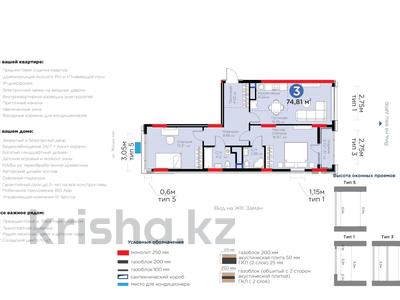 3-комнатная квартира · 74.81 м² · 12/17 этаж, Жошы хан 10 за 56.5 млн ₸ в Астане, Есильский р-н