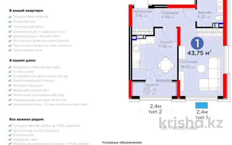 1-бөлмелі пәтер · 43.3 м² · 4/6 қабат, Тараз 8/1, бағасы: 33 млн ₸ в Алматы, Турксибский р-н — фото 2