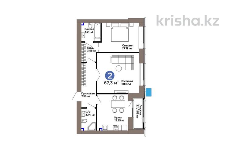 2-бөлмелі пәтер · 67.3 м² · 8/12 қабат, Е-899 5/1, бағасы: 59.6 млн ₸ в Астане, Нура р-н — фото 2