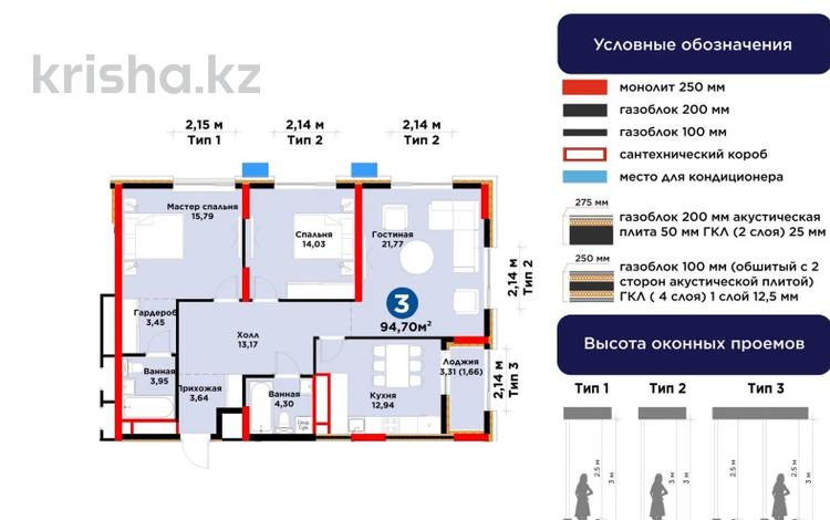 3-комнатная квартира · 95 м² · 15/16 этаж, Е-899 7 за 73 млн ₸ в Астане, Нура р-н — фото 2