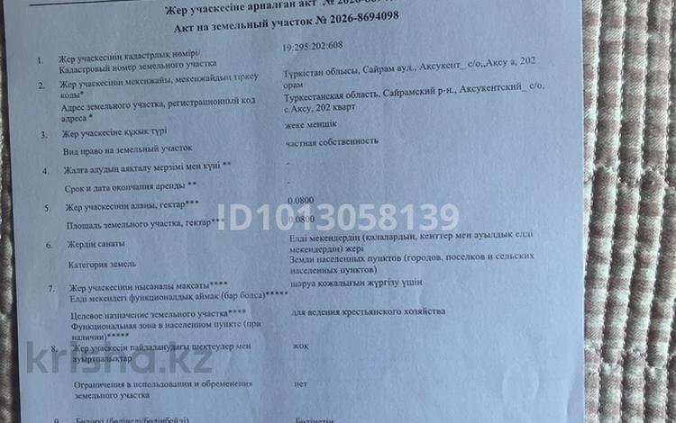Жер телімі · 8 сотық, Балуан шолақ 202 квартал — Манкент санаторий, бағасы: 5 млн ₸ в Аксукенте — фото 2