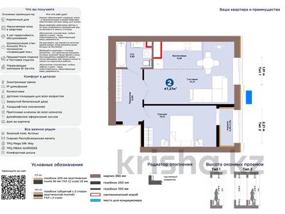 2-бөлмелі пәтер · 47.27 м² · 7/9 қабат, Е 354 5 — КОМФОРТ + КЛАСС ДОМ, бағасы: 30.5 млн ₸ в Астане, Есильский р-н