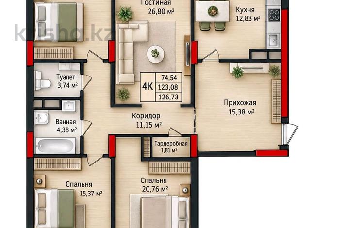 4-комнатная квартира · 121 м² · 9/17 этаж, Е 908 22 за ~ 51.1 млн ₸ в Астане, Нура р-н — фото 2