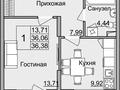 1-бөлмелі пәтер · 36.38 м² · 2/4 қабат, Аубакирова 35/525, бағасы: 15 млн ₸ в 