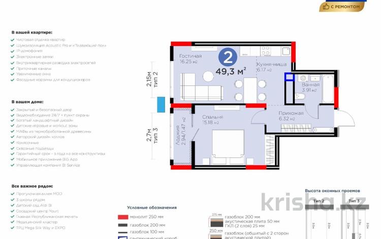 2-комнатная квартира · 50 м² · 12/15 этаж, Турар Рыскулов 18/7 за 36.5 млн ₸ в Астане, Есильский р-н — фото 3