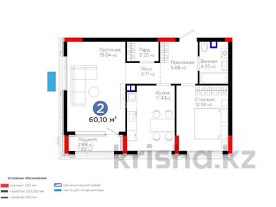 2-комнатная квартира · 60.5 м² · 2/9 этаж, Толе би 22 — Бухар жырау за 44.9 млн ₸ в Астане, Нура р-н