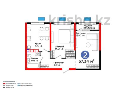 2-комнатная квартира · 58 м², ул. Алатау батыра за 27.6 млн ₸ в Шымкенте, Абайский р-н
