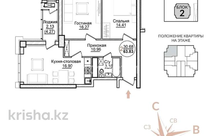 2-бөлмелі пәтер · 65.5 м² · 16/16 қабат, Кайым Мухамедханов 49/1, бағасы: 26.8 млн ₸ в Астане, Нура р-н — фото 2