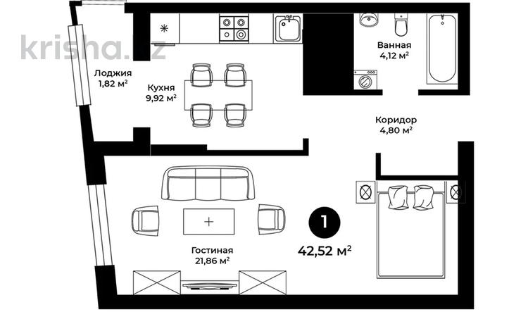 1-комнатная квартира, 42.52 м², 19/21 этаж, Ракымжан Кошкарбаев 36 за 16.9 млн 〒 в Астане — фото 2