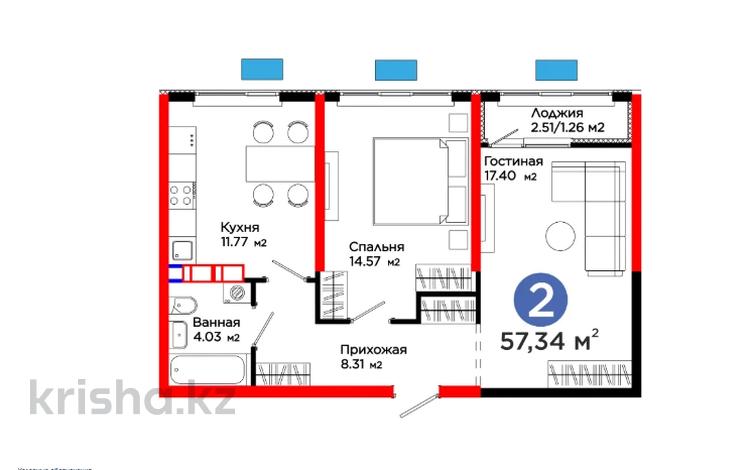2-бөлмелі пәтер · 58 м², квартал 189, бағасы: 27.9 млн ₸ в Шымкенте, Абайский р-н — фото 2