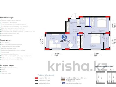 3-комнатная квартира · 61.62 м² · 7/9 этаж, Е 354 5 за 33 млн 〒 в Астане, Есильский р-н
