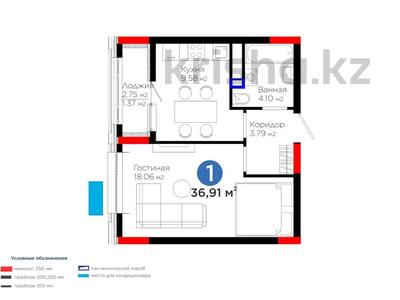 1-комнатная квартира · 37 м² · 9/9 этаж, Толе Би 22 за 27 млн ₸ в Астане, Нура р-н