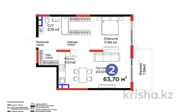 2-комнатная квартира · 63.7 м² · 2/3 этаж, мкр Рахат б/н — Култубе уч1/1 за 115 млн ₸ в Алматы, Наурызбайский р-н — фото 2