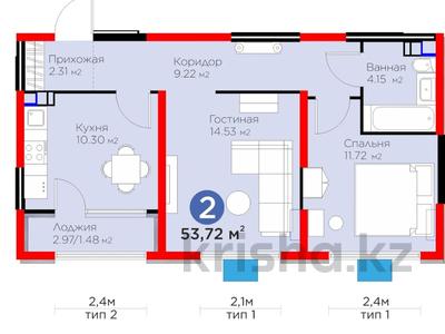 2-комнатная квартира, 53.72 м², 2/6 этаж, мкр Кайрат, Байге 32 за ~ 25.2 млн 〒 в Алматы, Турксибский р-н