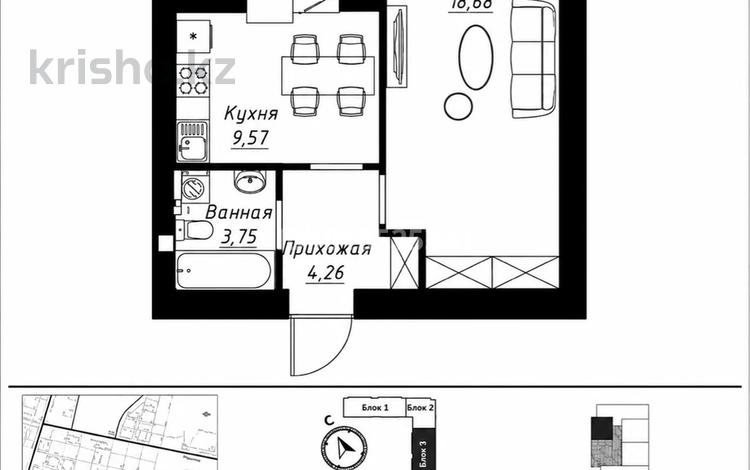 1-комнатная квартира · 38.3 м² · 9/9 этаж, Чингиз Айтматов 1 за 22.6 млн ₸ в Астане, Нура р-н — фото 2