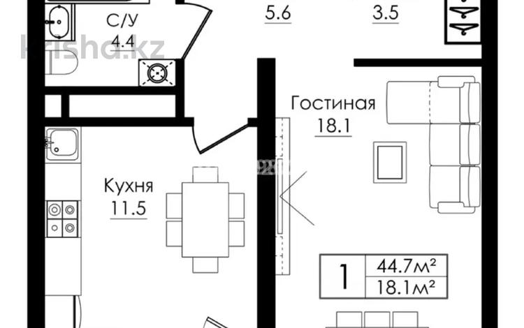 1-комнатная квартира · 44.7 м² · 7 этаж, мкр Нурсат, Аргынбекова 1 — Байтерекова за 25 млн 〒 в Шымкенте, Каратауский р-н — фото 2