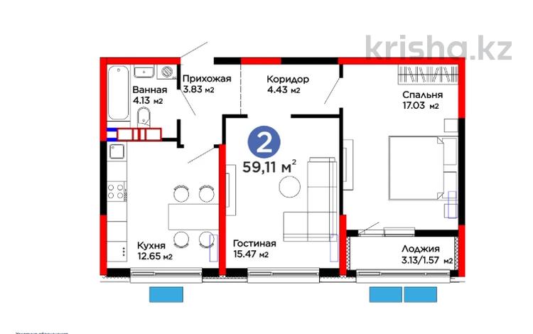 2-комнатная квартира · 60 м², ​Тамерлановское шоссе за 24.8 млн ₸ в Шымкенте, Туран р-н — фото 2