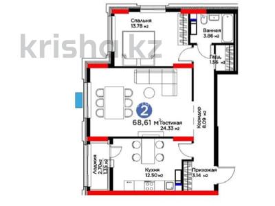 2-комнатная квартира · 68.61 м² · 12/16 этаж, Турар Рыскулов 9 за 65 млн ₸ в Астане, Есильский р-н