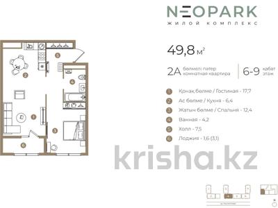 2-бөлмелі пәтер · 49.8 м² · 6/9 қабат, Ботакоз 5, бағасы: ~ 30.5 млн ₸ в Алматы, Алатауский р-н