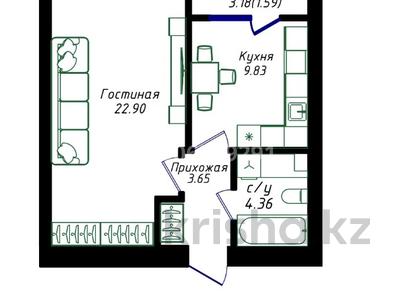 1-комнатная квартира · 42.33 м² · 12/12 этаж, Жубан Молдагалиев 6г за ~ 23.5 млн ₸ в Астане, Нура р-н