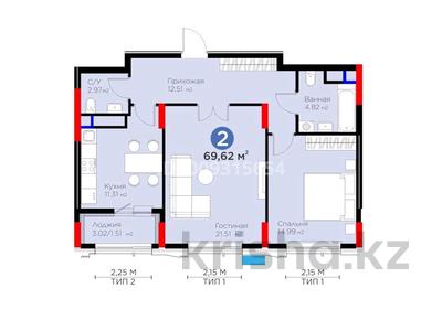 2-бөлмелі пәтер · 70 м² · 7/12 қабат, Турар Рыскулов 18, бағасы: 53.5 млн ₸ в Астане, Есильский р-н