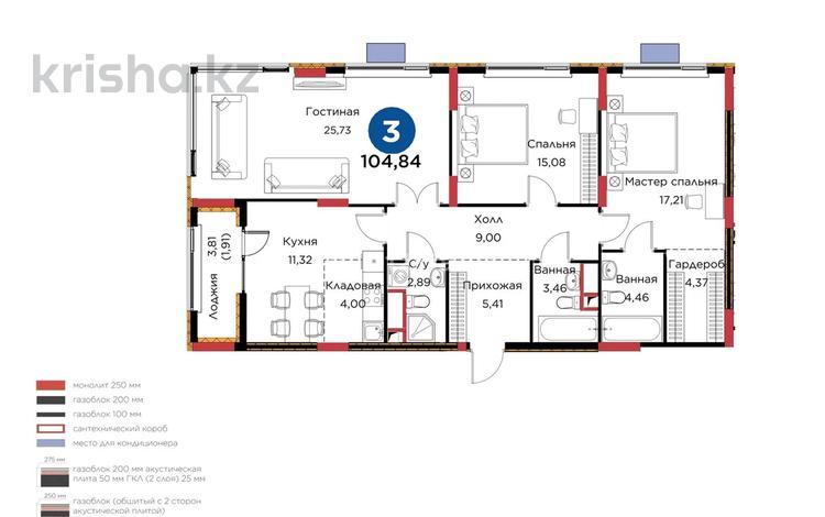 3-бөлмелі пәтер · 104.84 м² · 6/9 қабат, Сагадат Нурмагамбетов 16, бағасы: 77 млн ₸ в Астане, Сарайшык р-н — фото 2