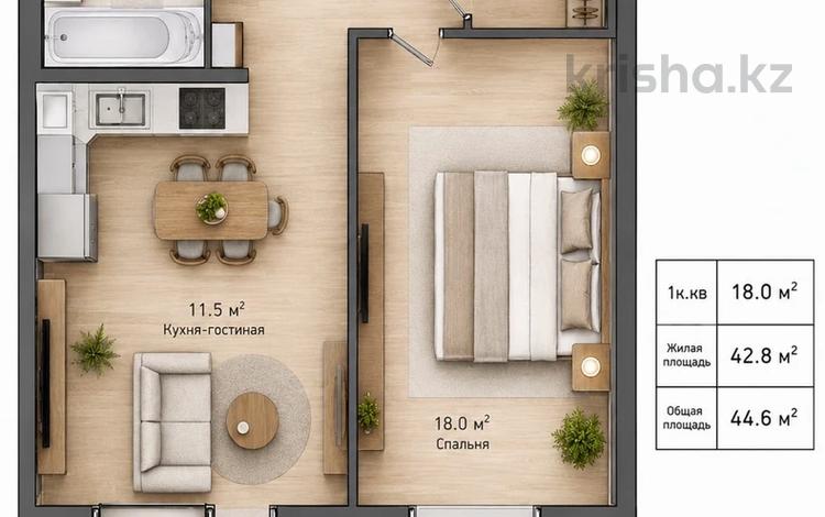 1-бөлмелі пәтер · 44.6 м² · 8/9 қабат, Алтын орда ш/а., бағасы: 14 млн ₸ в Актобе, мкр. Алтын орда — фото 2